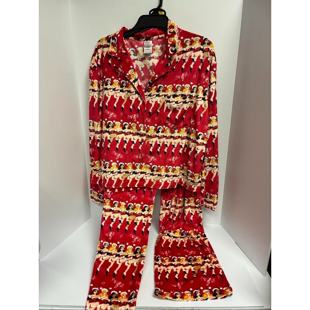 Holiday Time Pajamas Set Womens L Button Up Long Sleeve Dancing Girls Velour